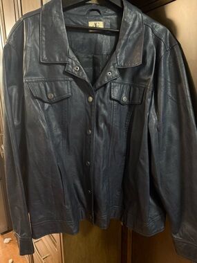 Classic Women's Navy Leather Button-Front Jacket